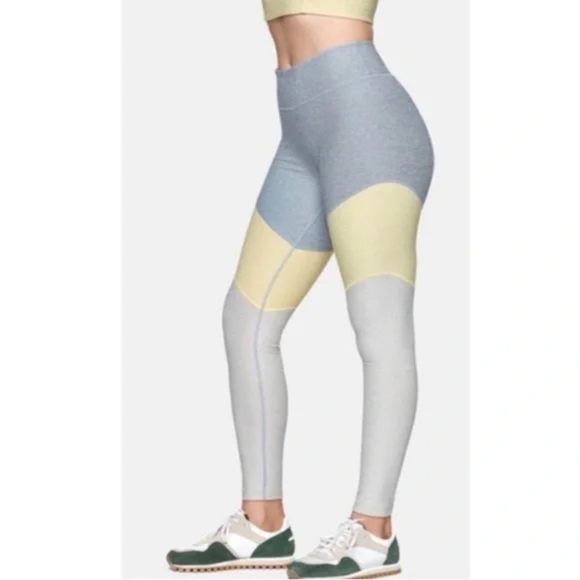 Outdoor Voices Leggings Womens Small Yellow Gray Tri Color Block High Rise - Picture 1 of 14